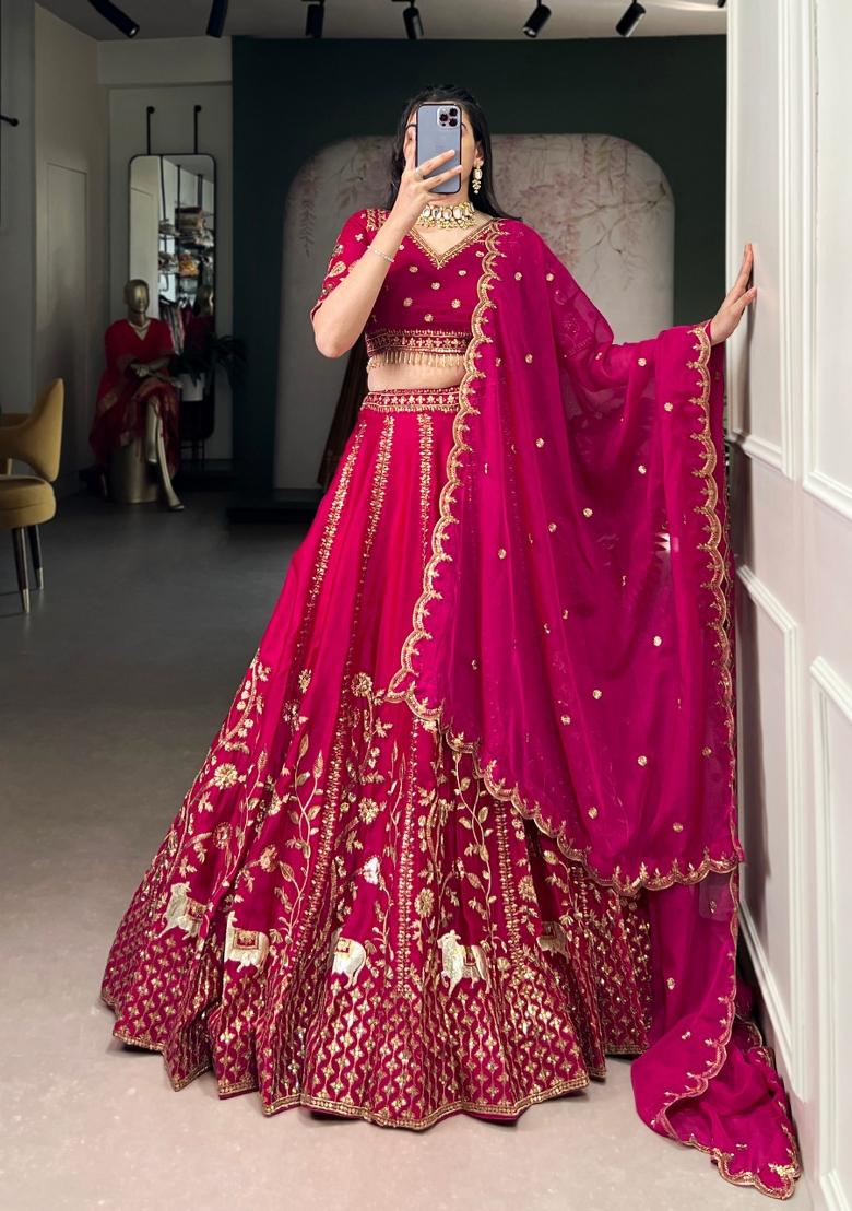 Rani Pink Embroidered Silk Blend Lehenga Set - Indya