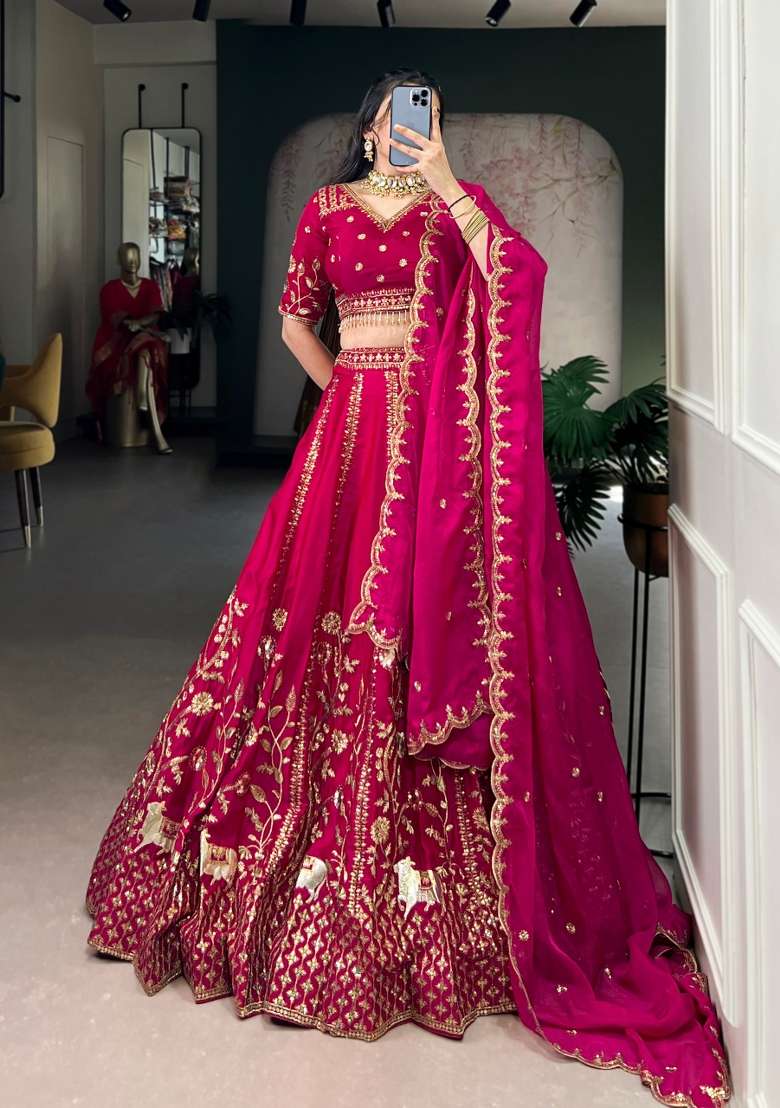 Rani Pink Embroidered Silk Blend Lehenga Set - Indya