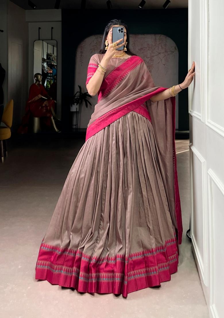 Chiku Thread Work Chanderi Lehenga Set - Indya