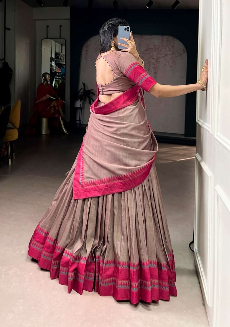 Chiku Chanderi Lehenga Set with Thread Work for Diwali | Wedding & Festive Wear - Indya