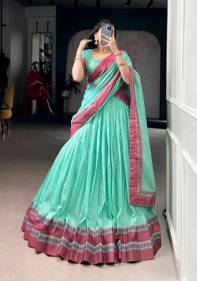 Sky Blue Thread Work Chanderi Lehenga Set