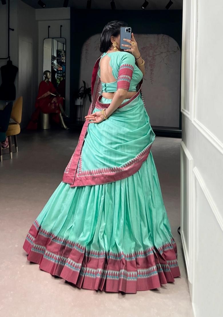 Sky Blue Thread Work Chanderi Lehenga Set - Indya