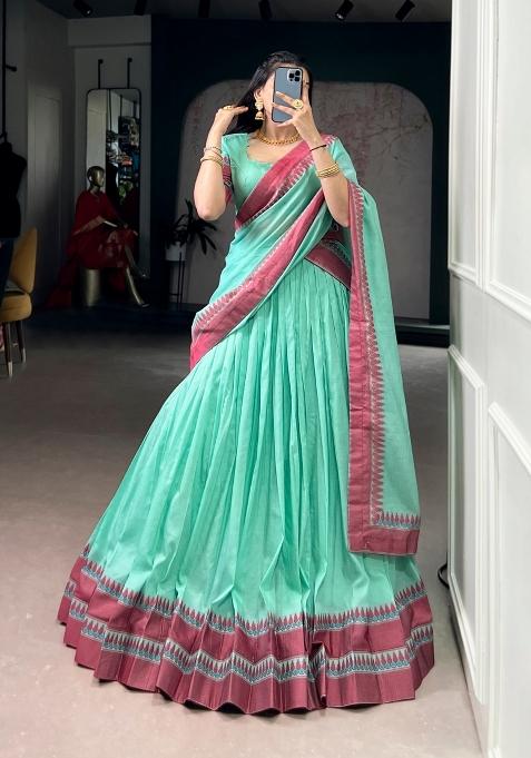 Sky Blue Thread Work Chanderi Lehenga Set