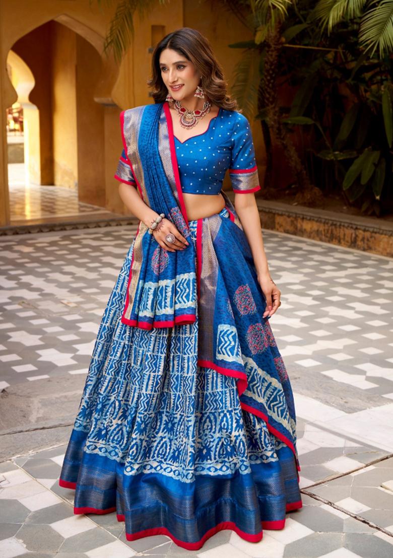 Blue Zari Work Silk Blend Lehenga Set - Indya