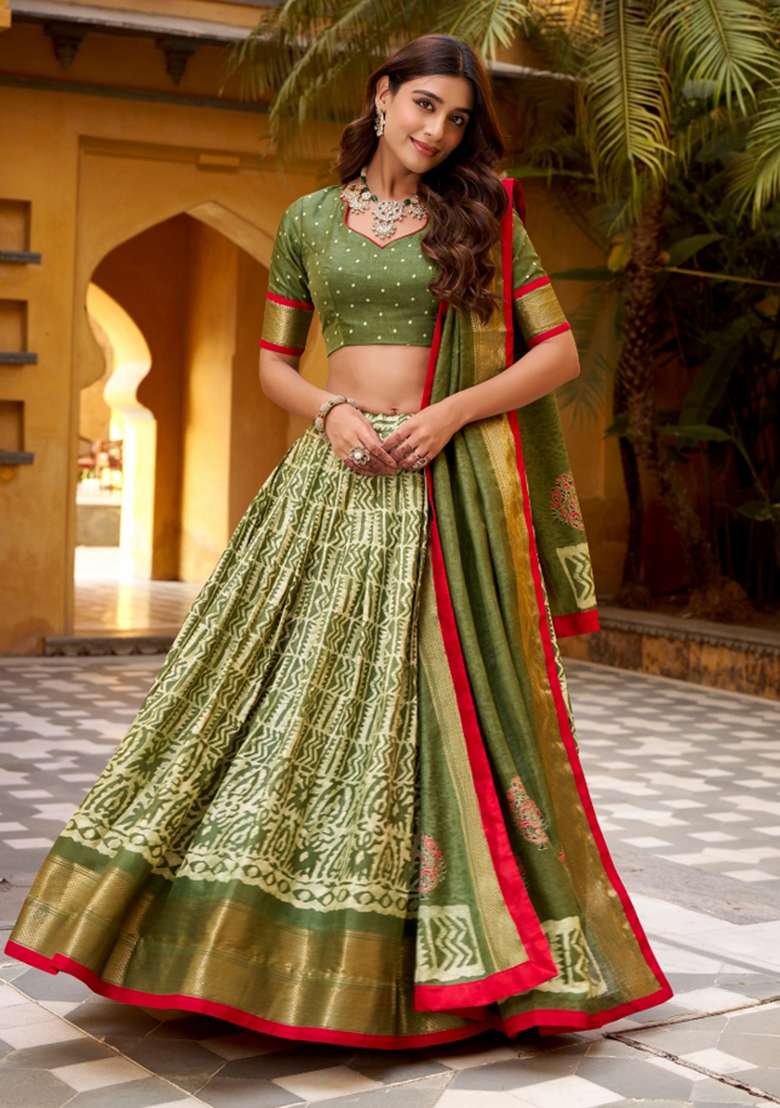 Green Silk Blend Lehenga Set with Zari Work for Diwali | Wedding & Festive Wear - Indya