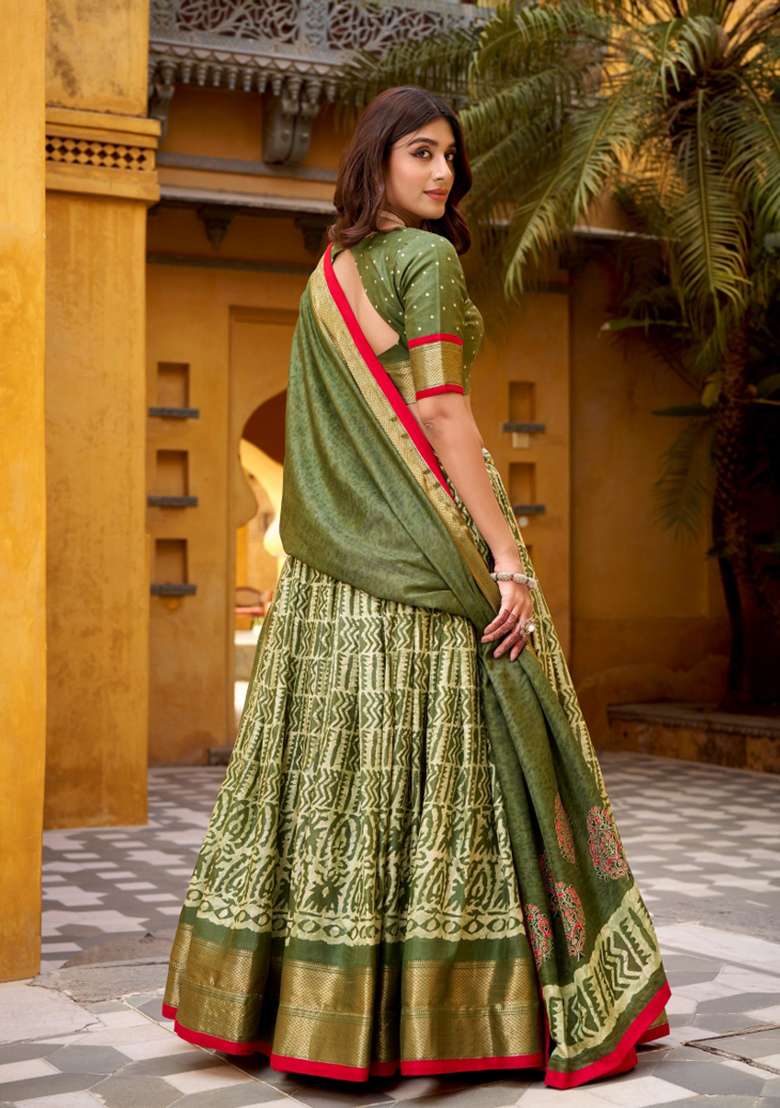 Green Silk Blend Lehenga Set with Zari Work for Diwali | Wedding & Festive Wear - Indya