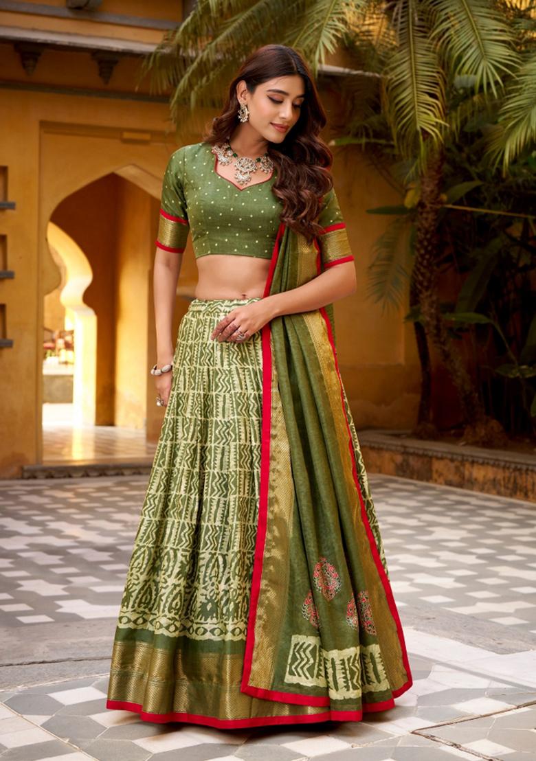 Green Zari Work Silk Blend Lehenga Set - Indya