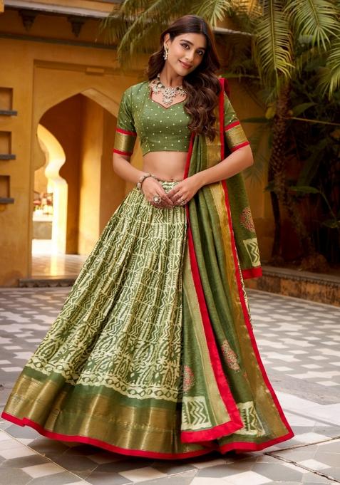 Green Zari Work Silk Blend Lehenga Set
