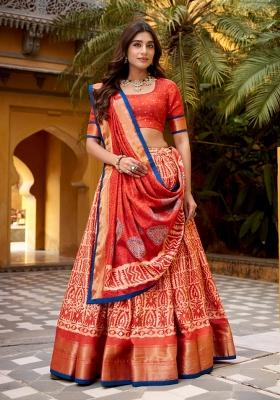 Orange Zari Work Silk Blend Lehenga Set