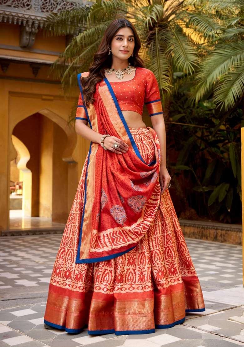 Orange Silk Blend Lehenga Set with Zari Work for Diwali | Wedding & Festive Wear - Indya