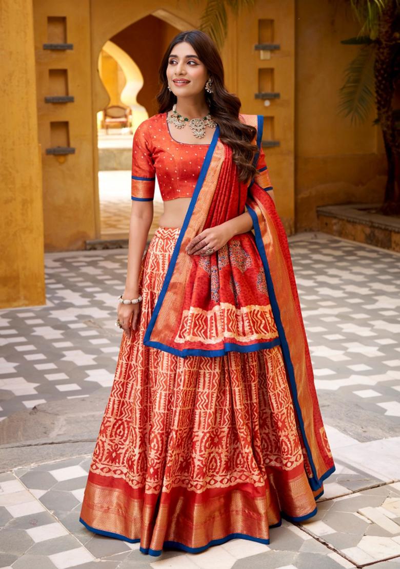 Orange Zari Work Silk Blend Lehenga Set - Indya