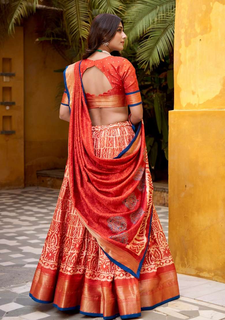 Orange Silk Blend Lehenga Set with Zari Work for Diwali | Wedding & Festive Wear - Indya
