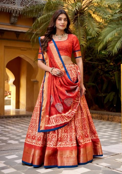 Orange Zari Work Silk Blend Lehenga Set