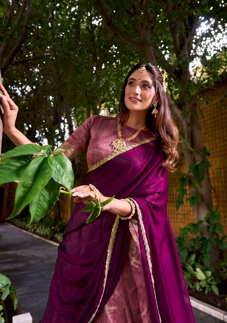 Pink Zari Work Silk Blend Lehenga Set for Diwali and Festive Wear - Indya