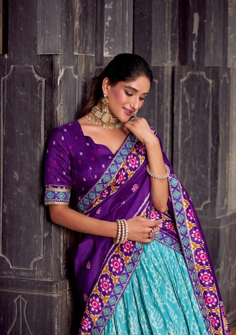 Sky Blue Printed Rangoli Lehenga Set - Indya