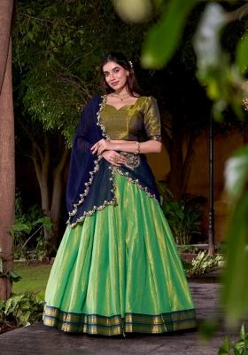 Navy Blue Zari Work Cotton Lehenga Set