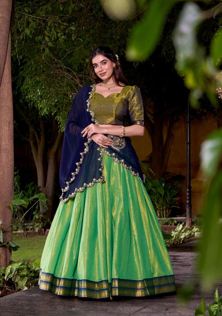 Navy Blue Cotton Lehenga Set with Zari Work for Diwali | Wedding & Festive Wear - Indya