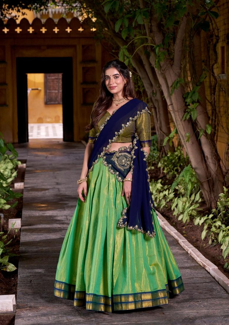 Navy Blue Zari Work Cotton Lehenga Set - Indya