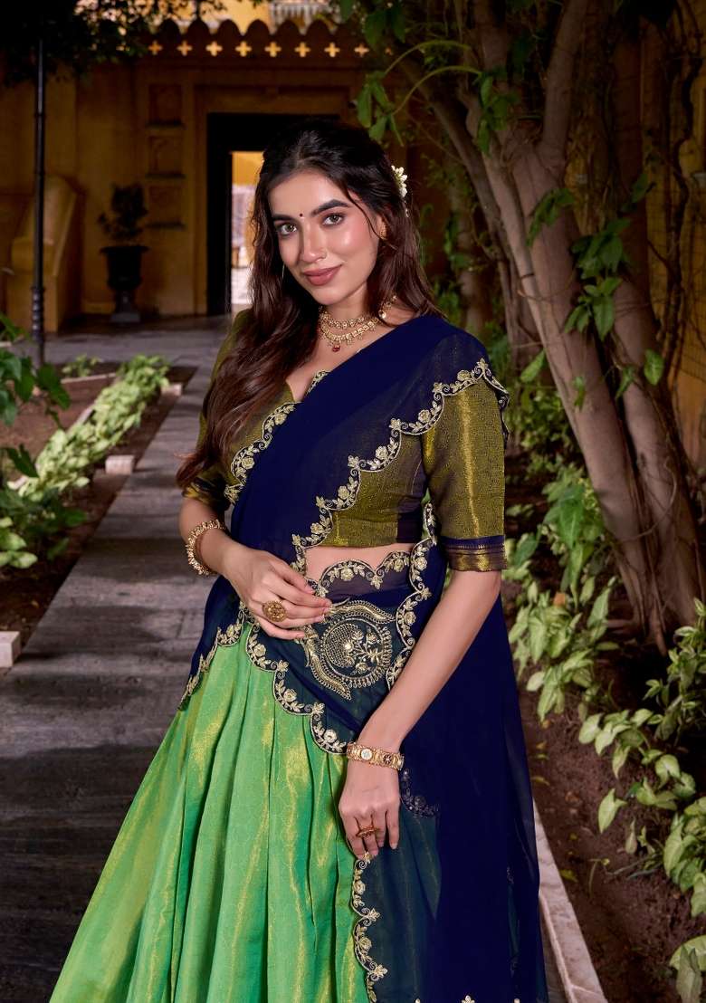 Navy Blue Cotton Lehenga Set with Zari Work for Diwali | Wedding & Festive Wear - Indya