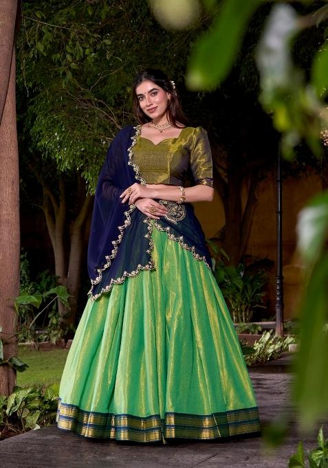 Navy Blue Zari Work Cotton Lehenga Set