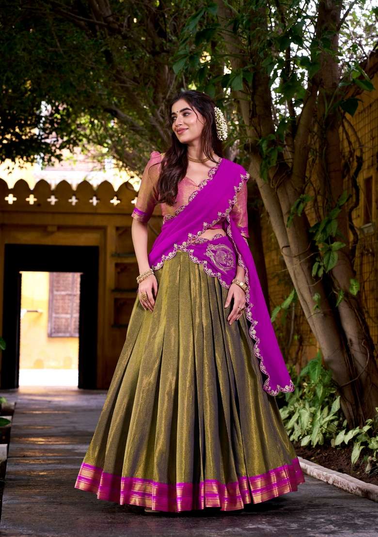 Pink Zari Work Cotton Lehenga Set for Diwali and Festive Wear - Indya