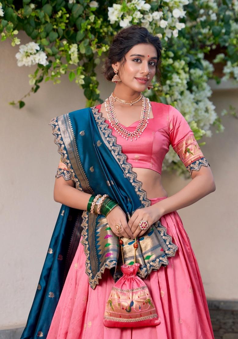 Light Pink Embroidered Silk Blend Lehenga Set - Indya