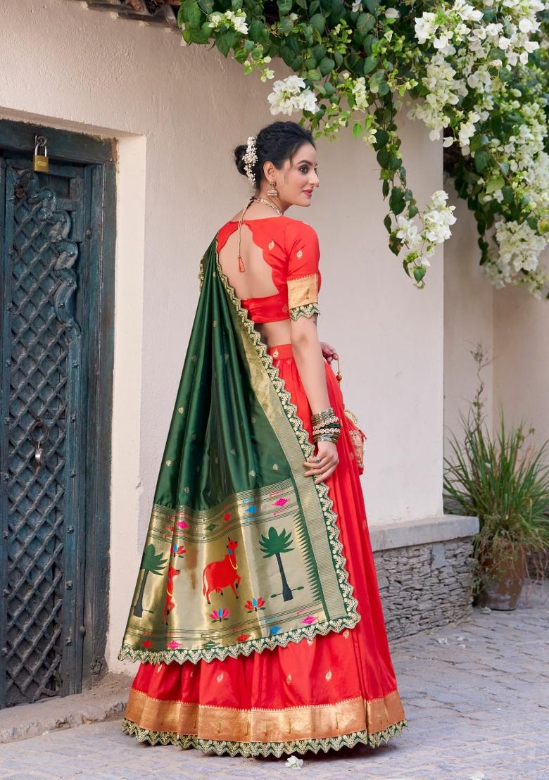 Red Embroidered Silk Blend Lehenga Set - Indya