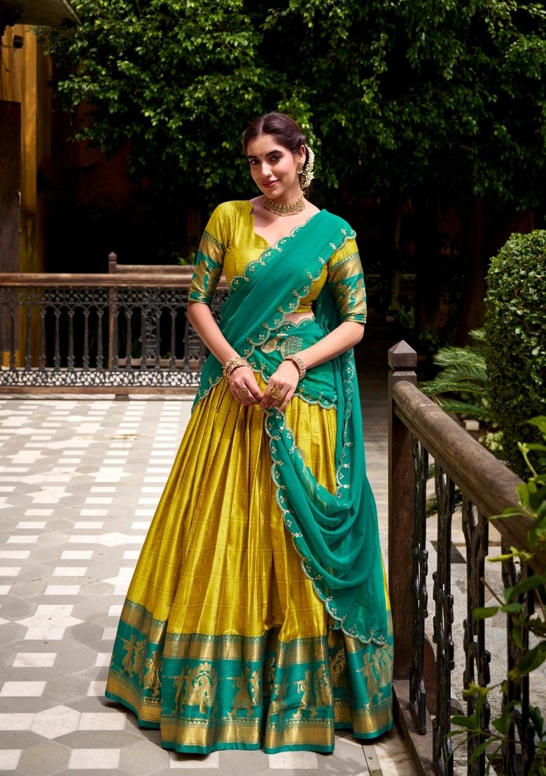 Yellow Zari Work Cotton Lehenga Set - Indya
