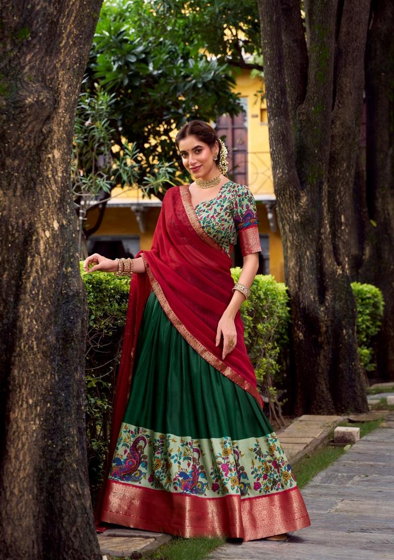 Green Drawstring With Zip Silk Blend Lehenga Set - Indya