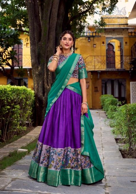 Purple Drawstring With Zip Silk Blend Lehenga Set