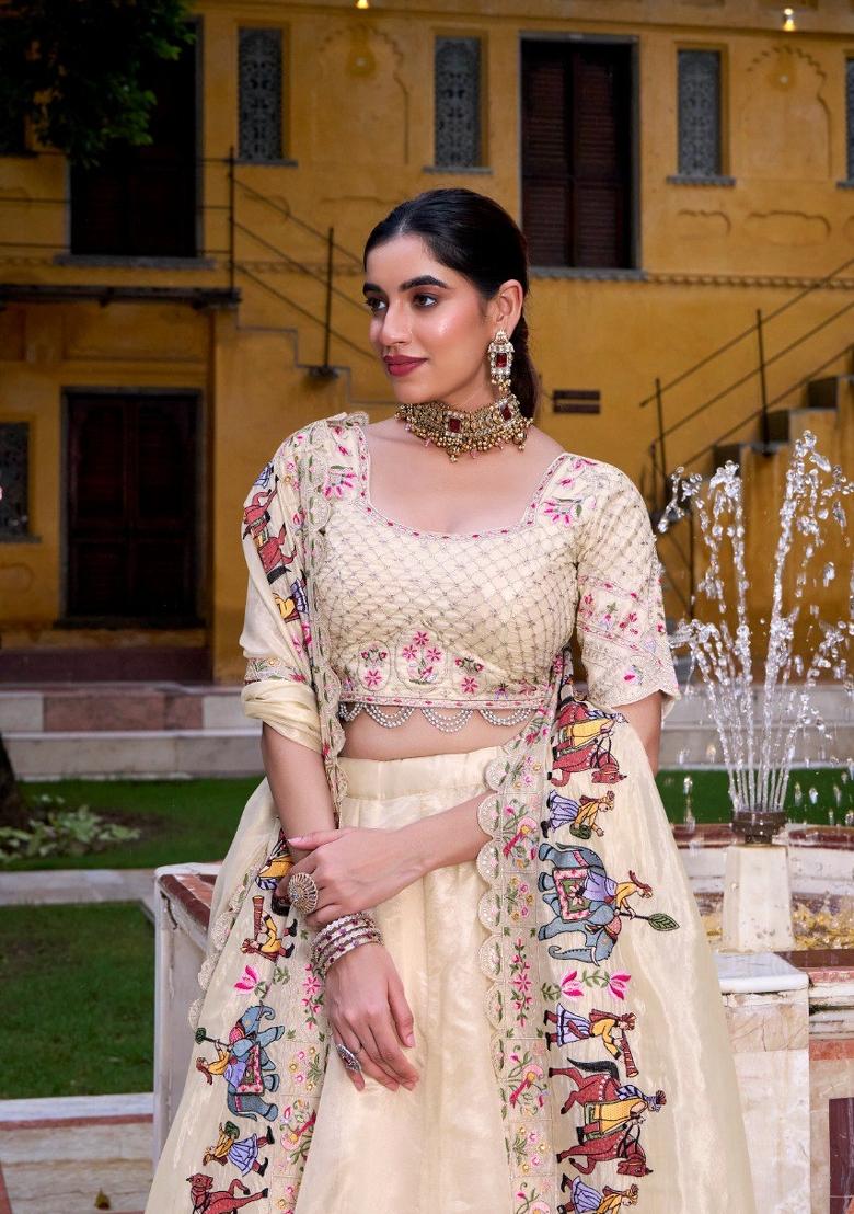 Beige Drawstring With Zip Cotton Lehenga Set - Indya