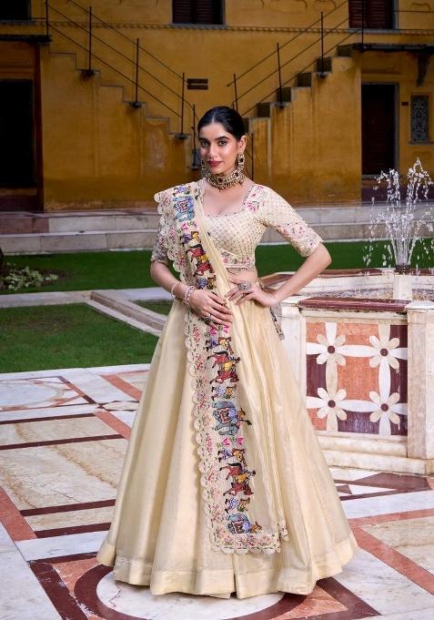 Beige Drawstring With Zip Cotton Lehenga Set