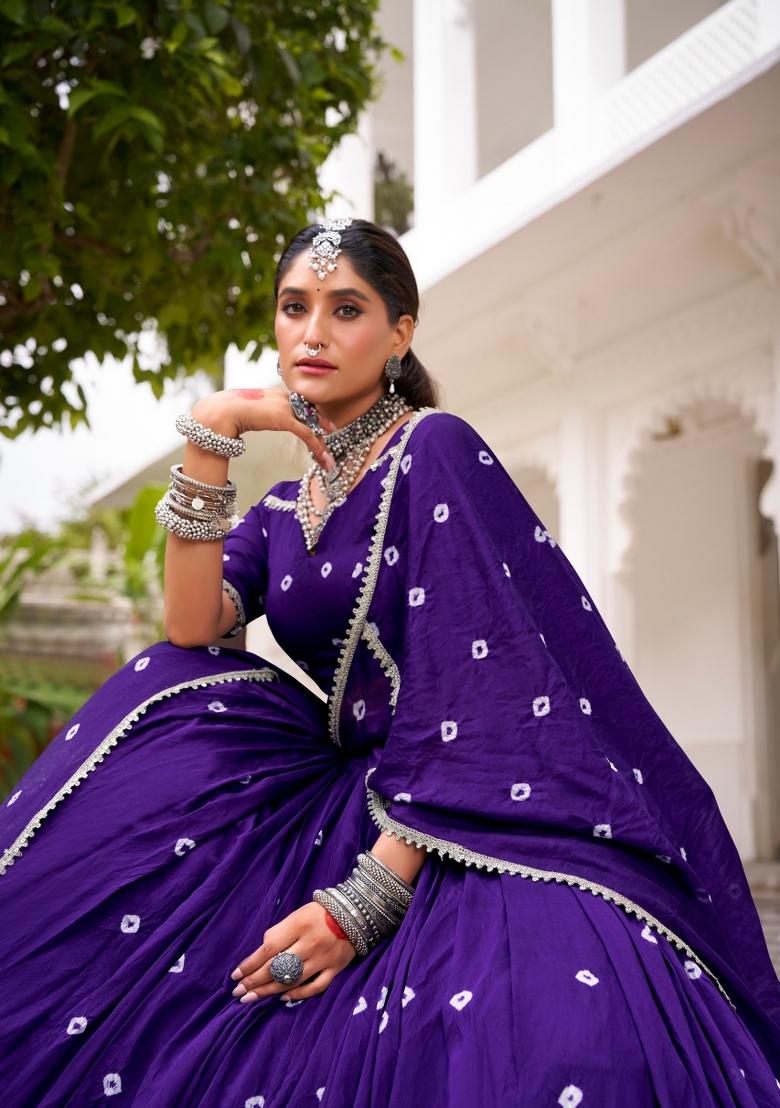 Purple Drawstring With Zip Chanderi Lehenga Set - Indya