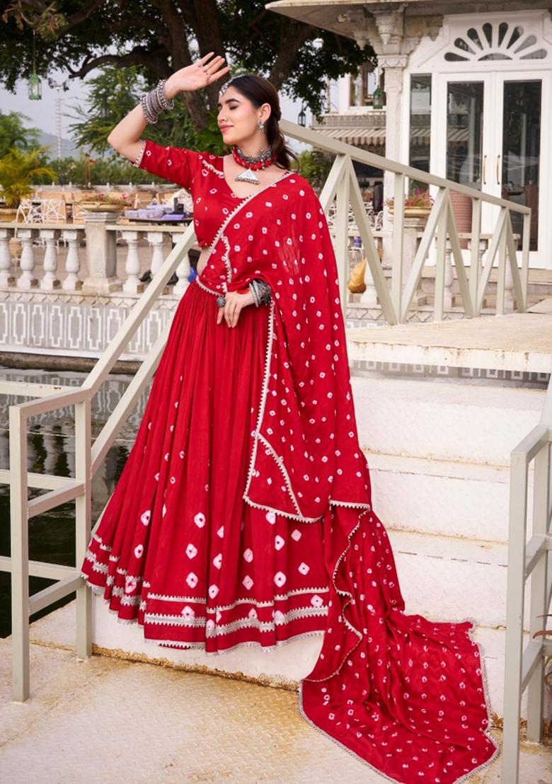 Red Drawstring With Zip Chanderi Lehenga Set - Indya