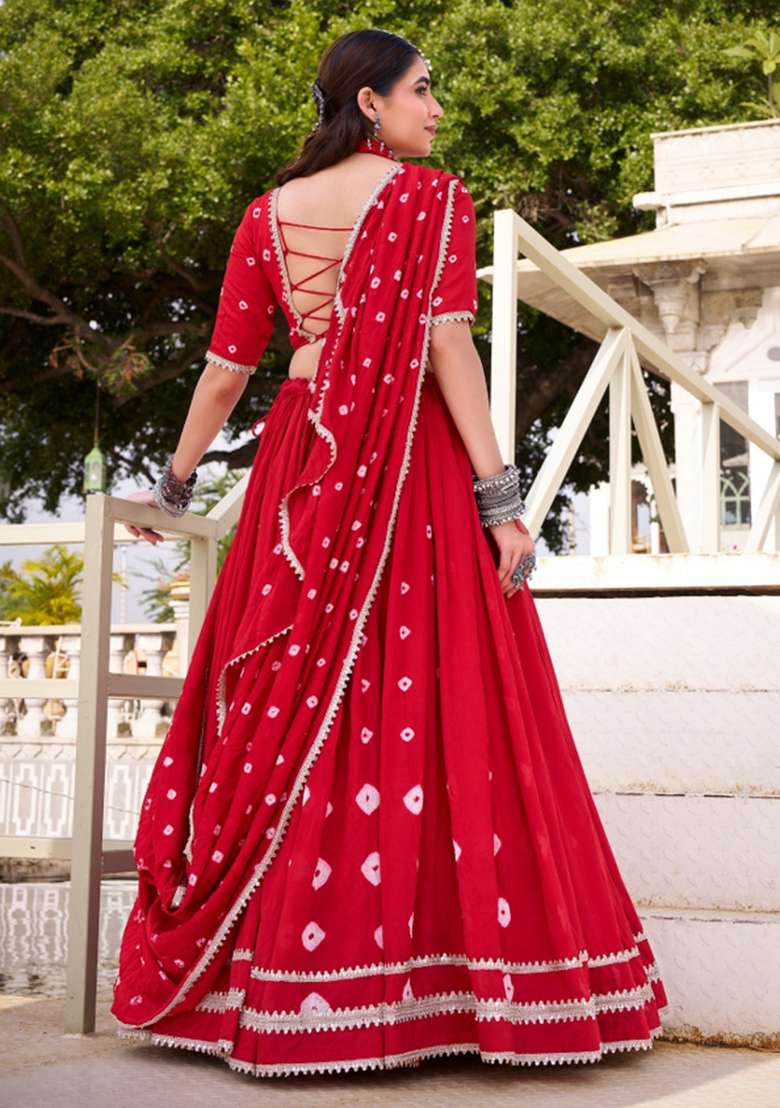 Red Drawstring With Zip Chanderi Lehenga Set for Diwali | Wedding & Festive Wear - Indya