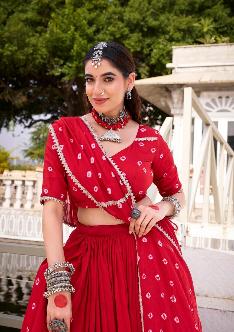 Red Drawstring With Zip Chanderi Lehenga Set - Indya