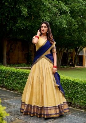 Navy Blue Drawstring With Zip Cotton Lehenga Set