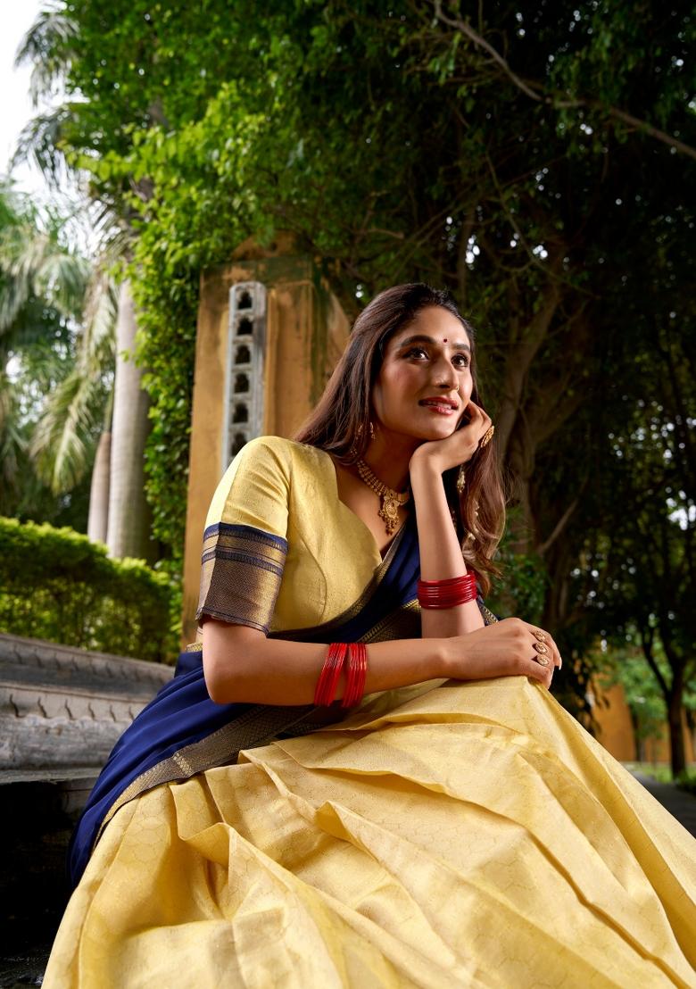Navy Blue Drawstring With Zip Cotton Lehenga Set - Indya