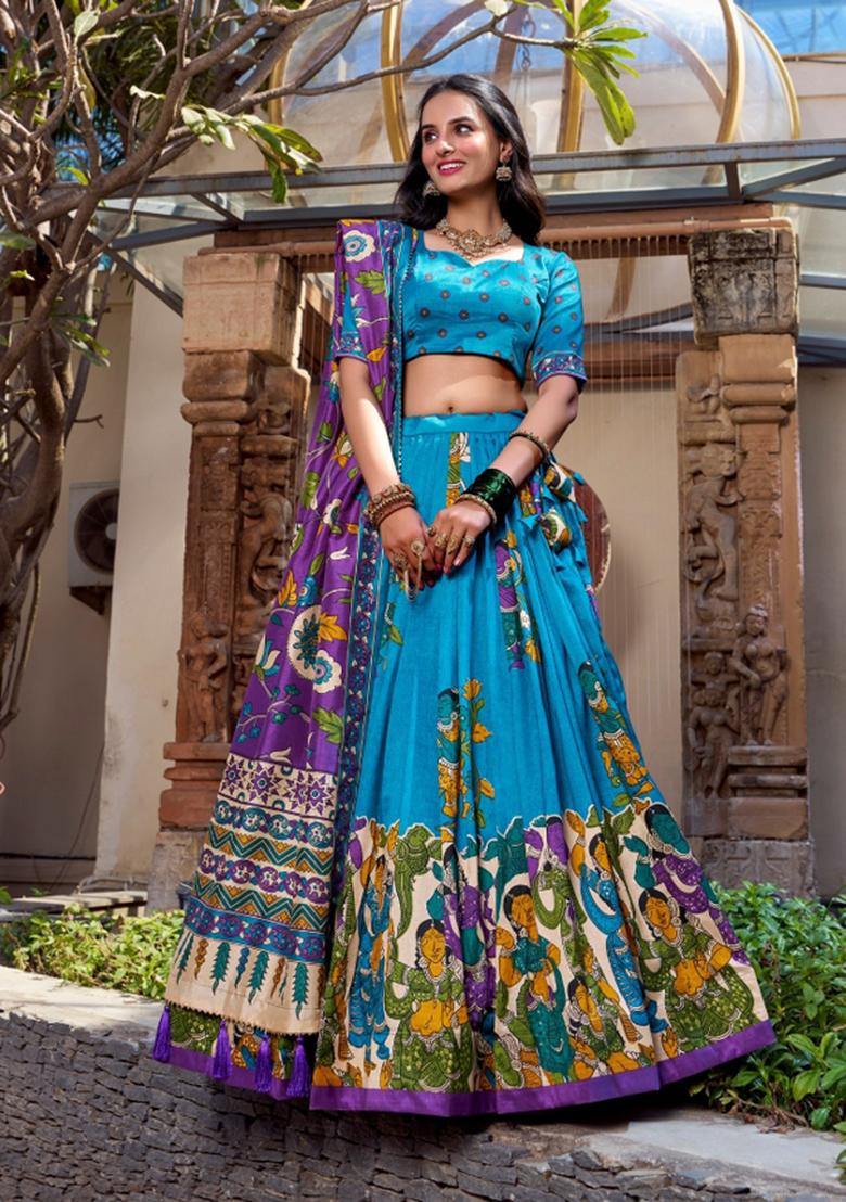 Firozi Drawstring With Zip Silk Blend Lehenga Set - Indya