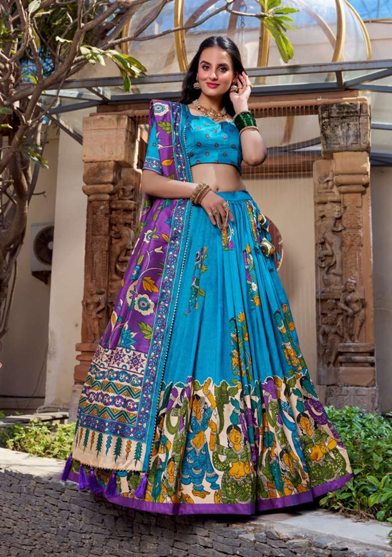 Firozi Drawstring With Zip Silk Blend Lehenga Set for Diwali and Festive Wear - Indya