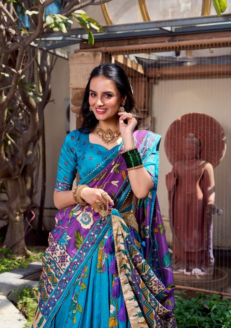Firozi Drawstring With Zip Silk Blend Lehenga Set - Indya