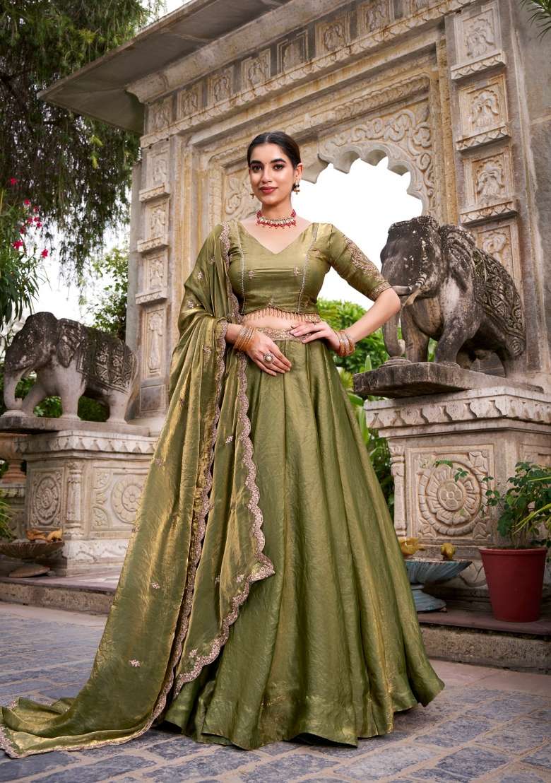 Green Drawstring With Zip Cotton Lehenga Set for Diwali and Festive Wear - Indya