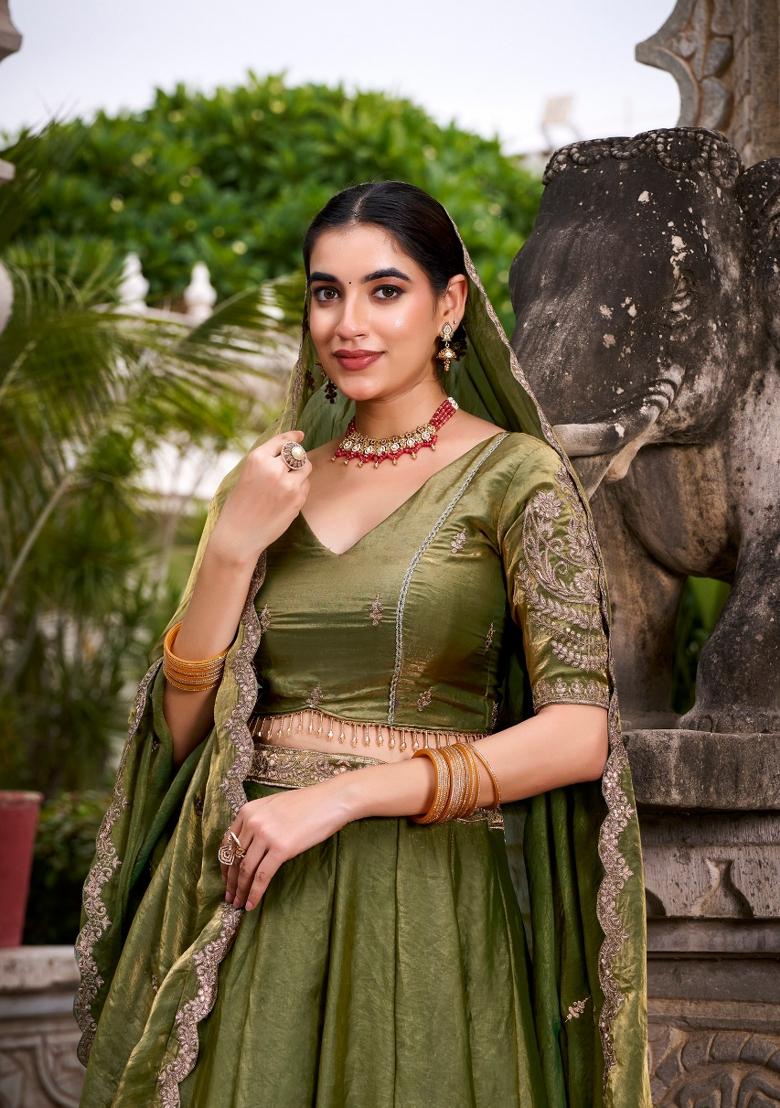 Green Drawstring With Zip Cotton Lehenga Set - Indya