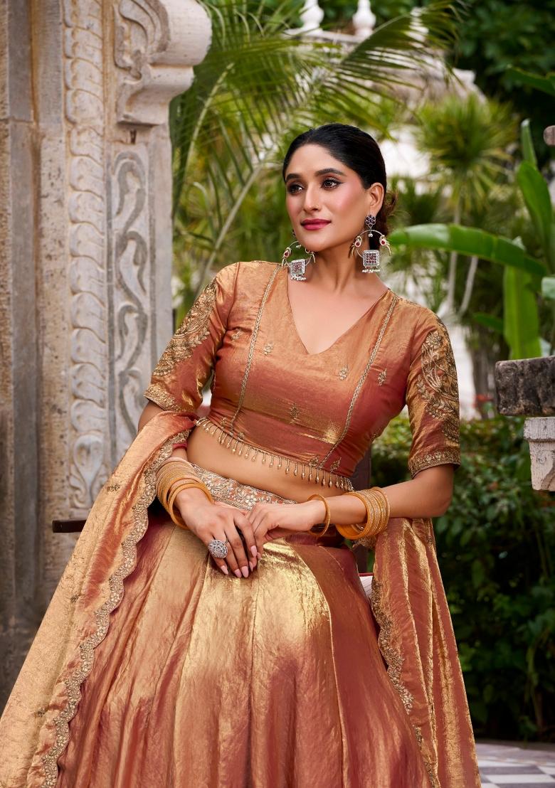 Orange Drawstring With Zip Cotton Lehenga Set - Indya
