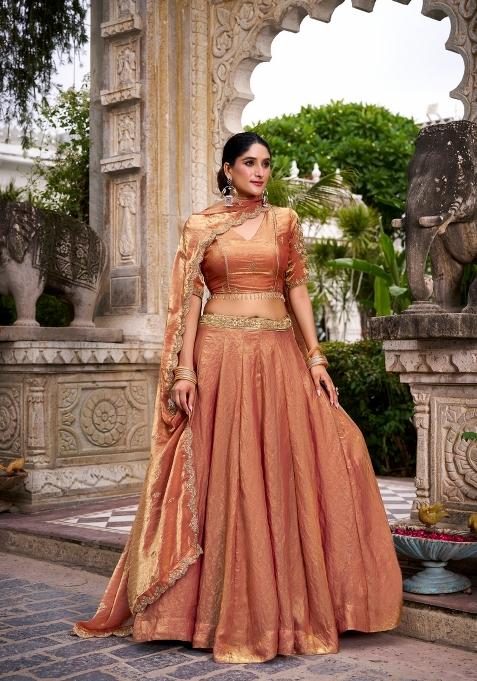 Orange Drawstring With Zip Cotton Lehenga Set
