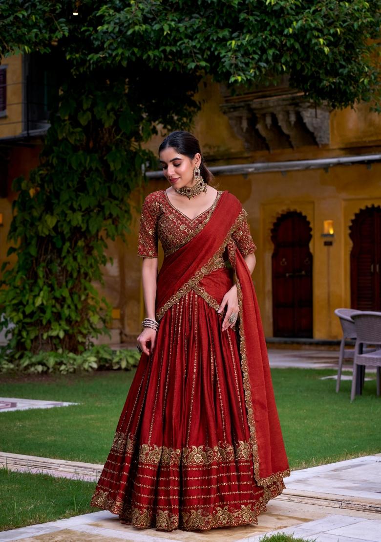 Orange Drawstring With Zip Rangoli Lehenga Set - Indya