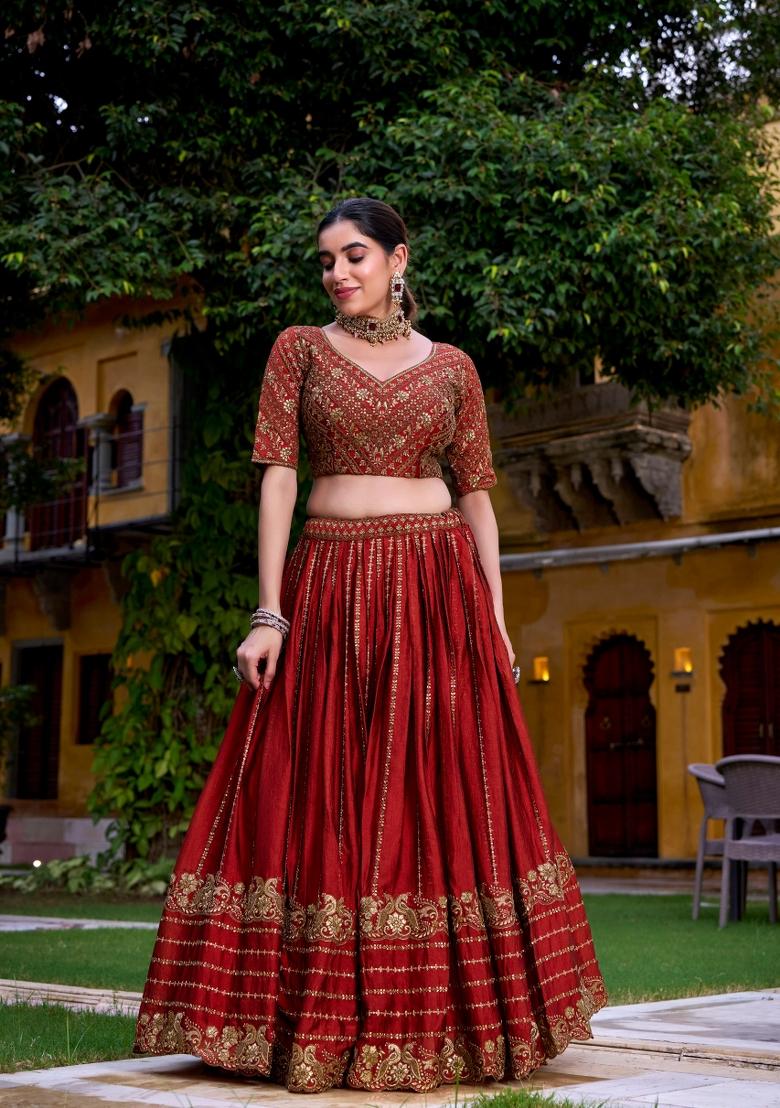Orange Drawstring With Zip Rangoli Lehenga Set - Indya