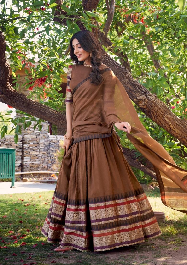 Brown Drawstring With Zip Cotton Lehenga Set - Indya