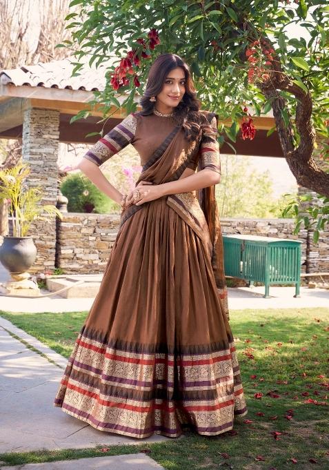 Brown Drawstring With Zip Cotton Lehenga Set