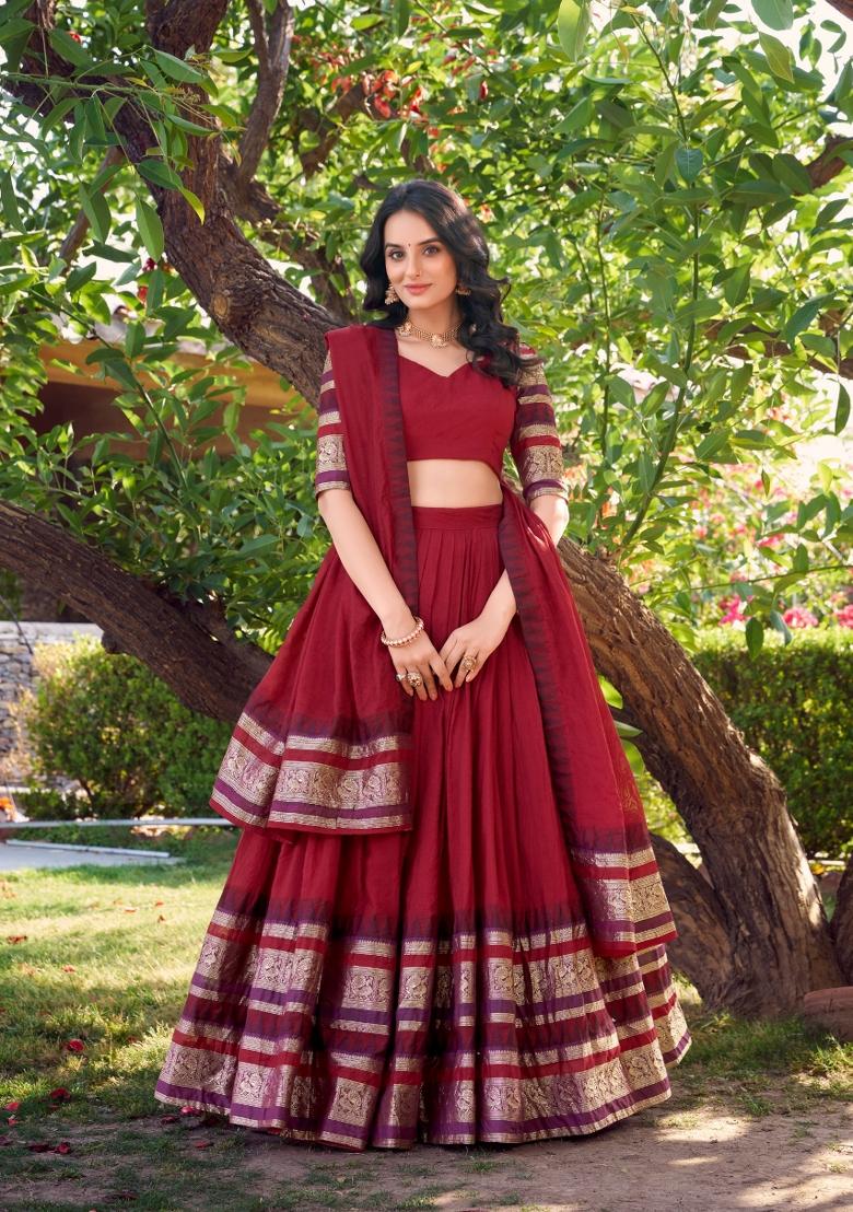 Red Drawstring With Zip Cotton Lehenga Set - Indya